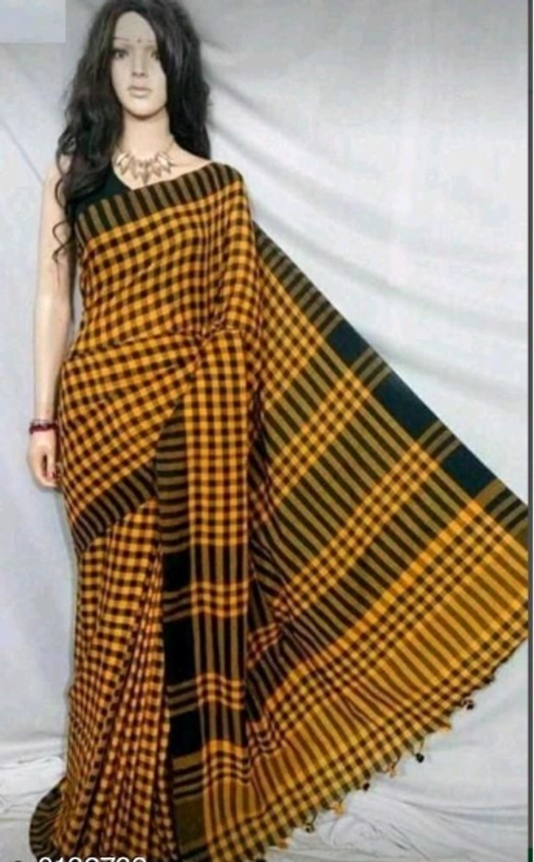 Handloom Checked Cotton Saree With Separate Same louse Peace - Free Size, Mustered, Cotton, Checked, Pack of1